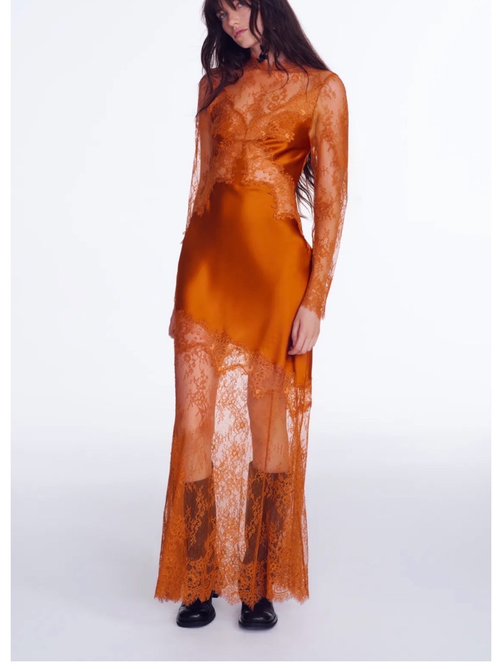 ZARA Sheer Lace Overlay Satin Slip Dress in Burnt Orange / Caramel